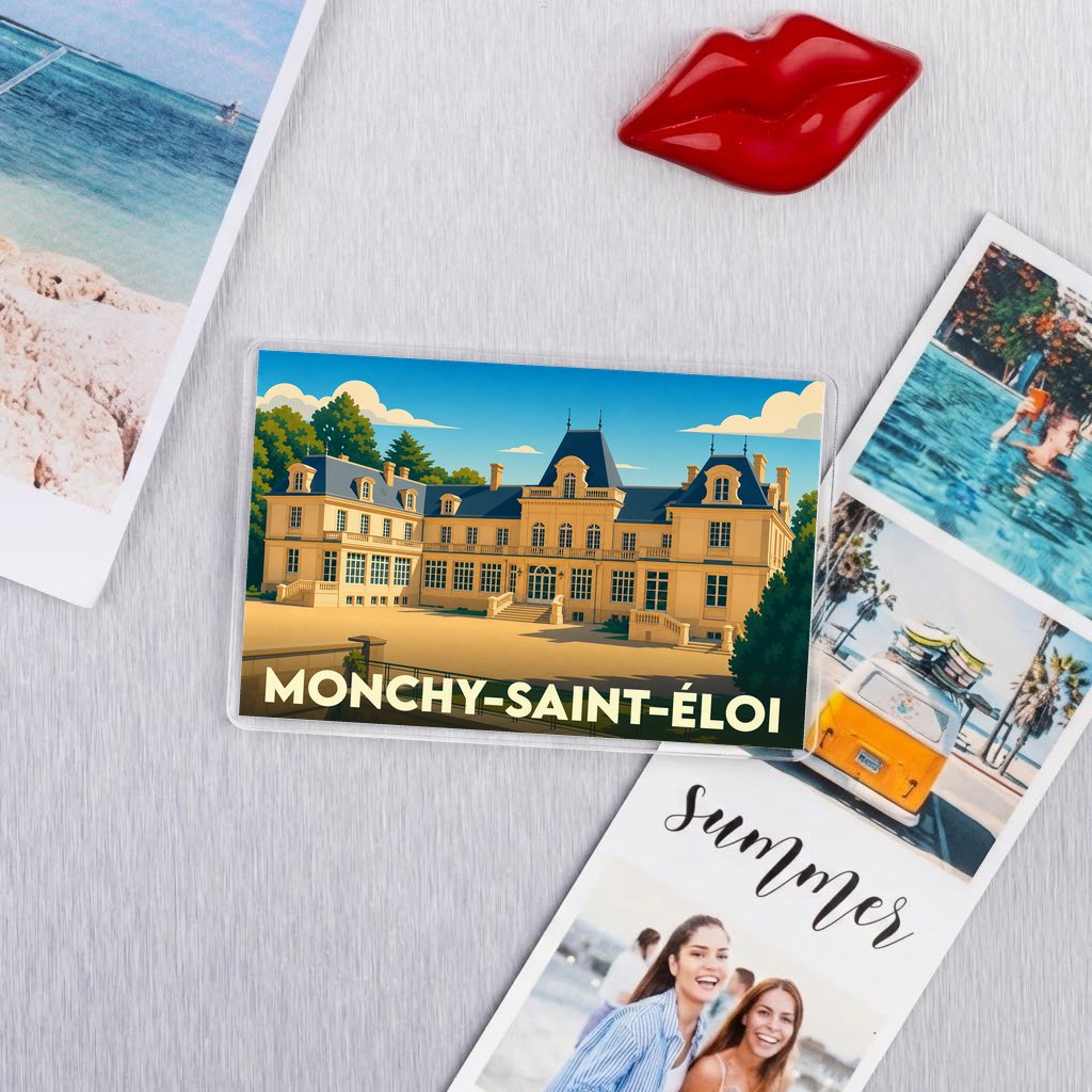 Magnet souvenir de la ville de Monchy-Saint-Éloi avec une illustration stylisée d'un château.