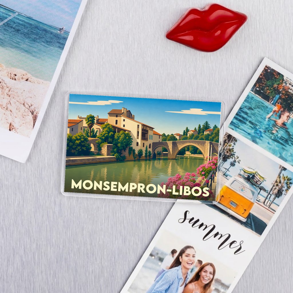 Magnet souvenir de la ville de Monsempron-Libos avec une illustration stylisée d'un pont en pierre.