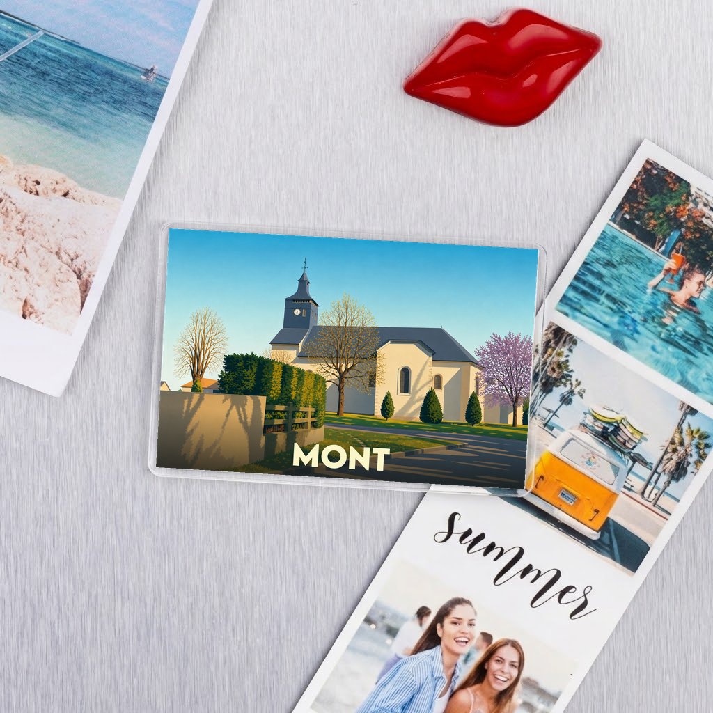 Magnet souvenir de la ville de Mont avec une illustration stylisée de son église.