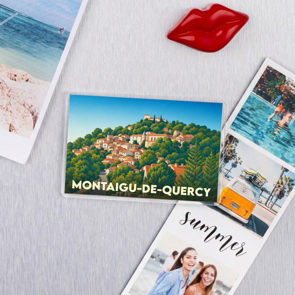 Magnet souvenir de la ville de Montaigu-de-Quercy avec une illustration stylisée.