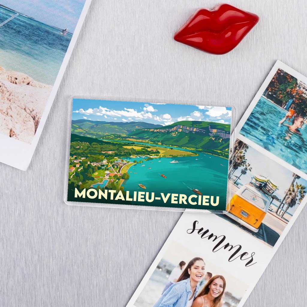 Magnet souvenir de la ville de Montalieu-Vercieu avec une illustration stylisée.