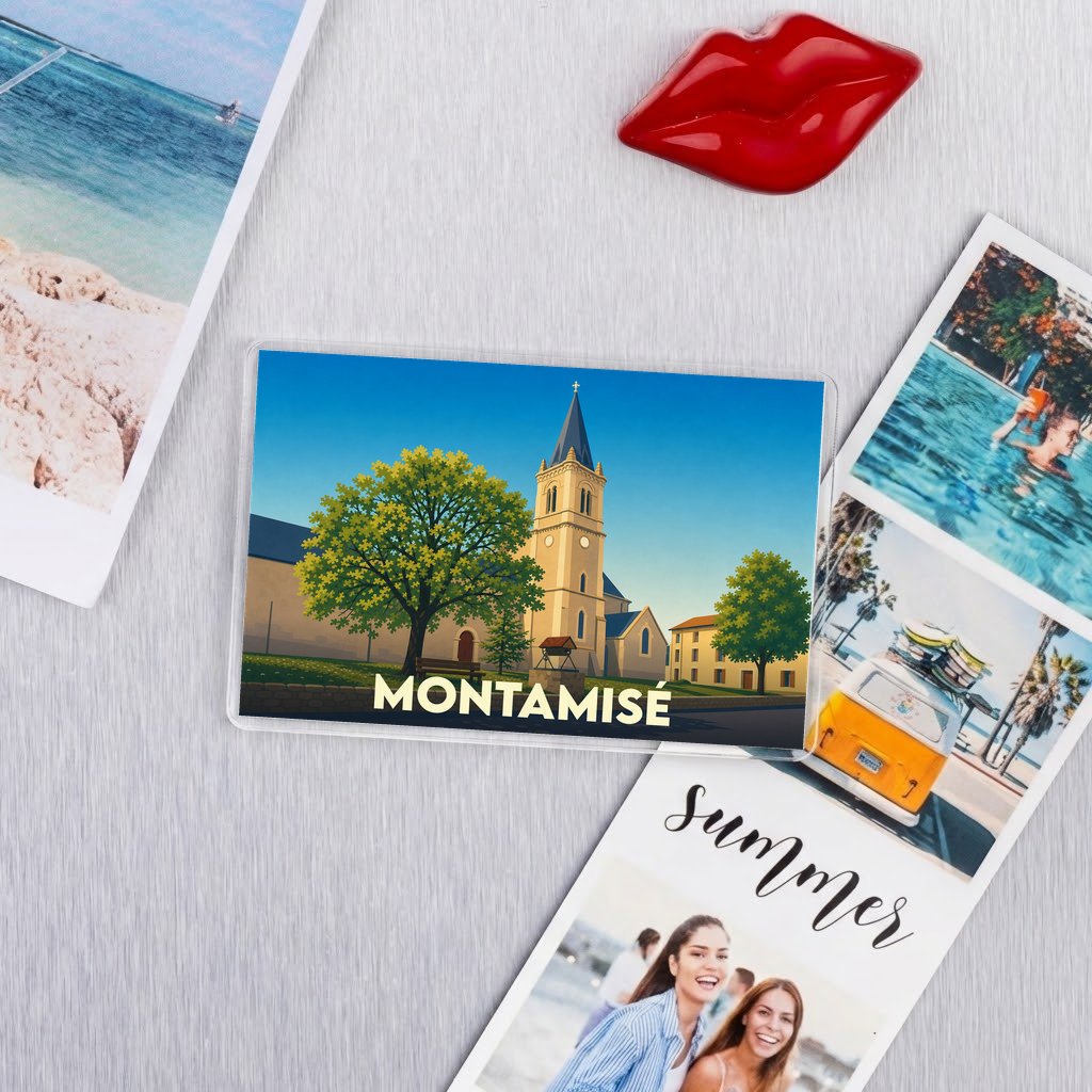Magnet souvenir de la ville de Montamisé avec une illustration stylisée d'un monument local.