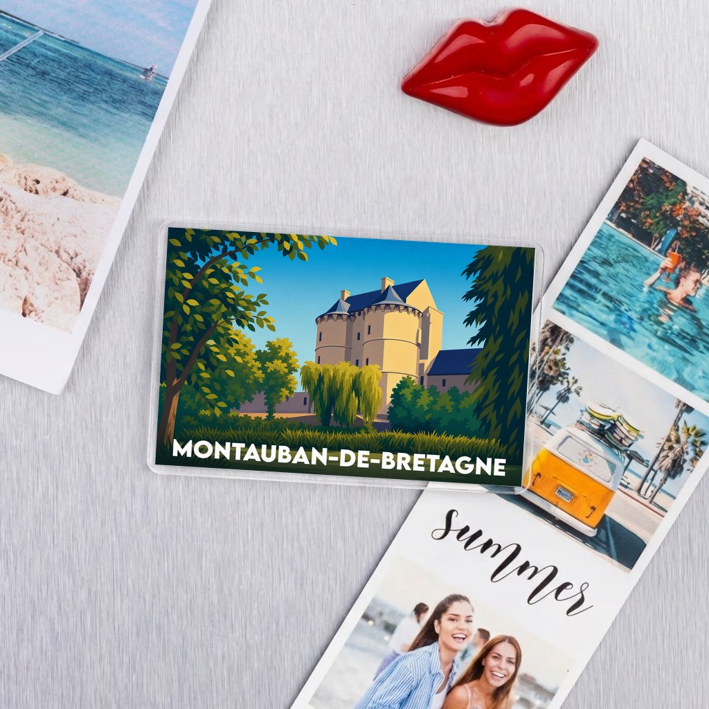 Magnet souvenir de la ville de Montauban-de-Bretagne avec une illustration stylisée.