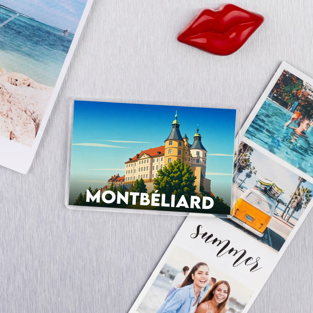 Magnet souvenir de la ville de Montbéliard avec une illustration stylisée du château.