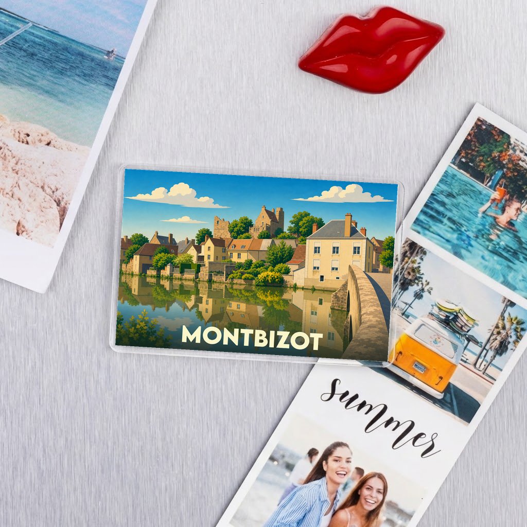 Magnet souvenir de la ville de Montbizot avec une illustration stylisée d'un village en bord de rivière.