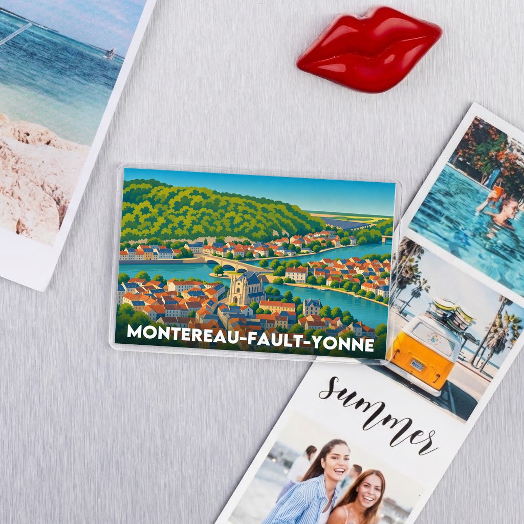 Magnet souvenir de la ville de Montereau-Fault-Yonne avec une illustration stylisée.