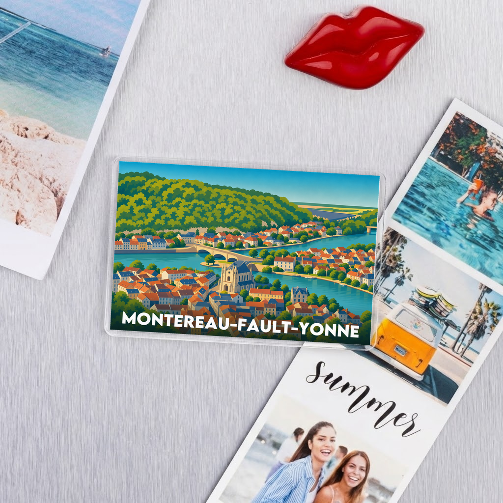 Magnet souvenir de la ville de Montereau-Fault-Yonne avec une illustration stylisée.