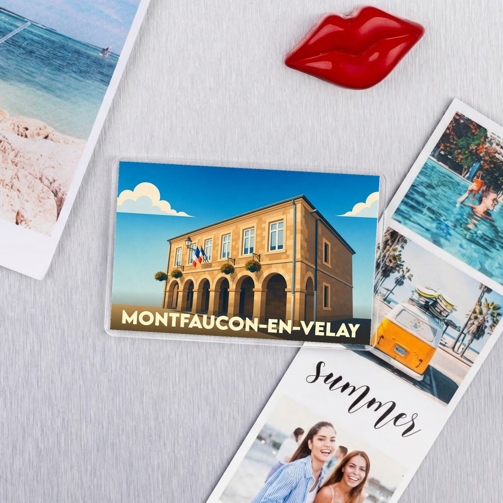 Magnet souvenir de la ville de Montfaucon-en-Velay avec une illustration stylisée de sa mairie.