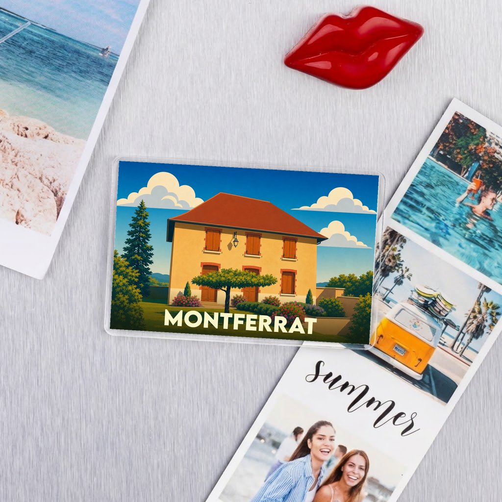Magnet souvenir de la ville de Montferrat illustrant une maison provençale stylisée.