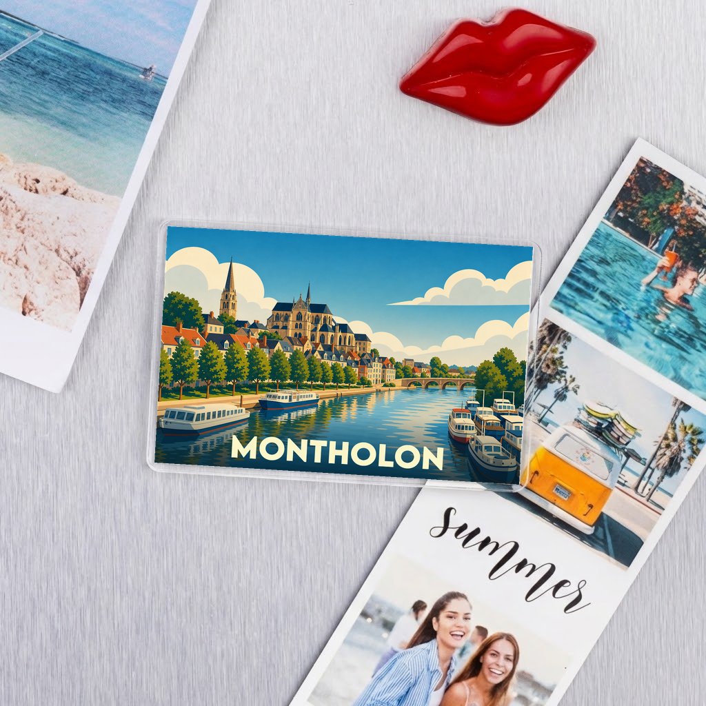 Magnet souvenir de la ville de Montholon avec une illustration stylisée des bords de l'Yonne.