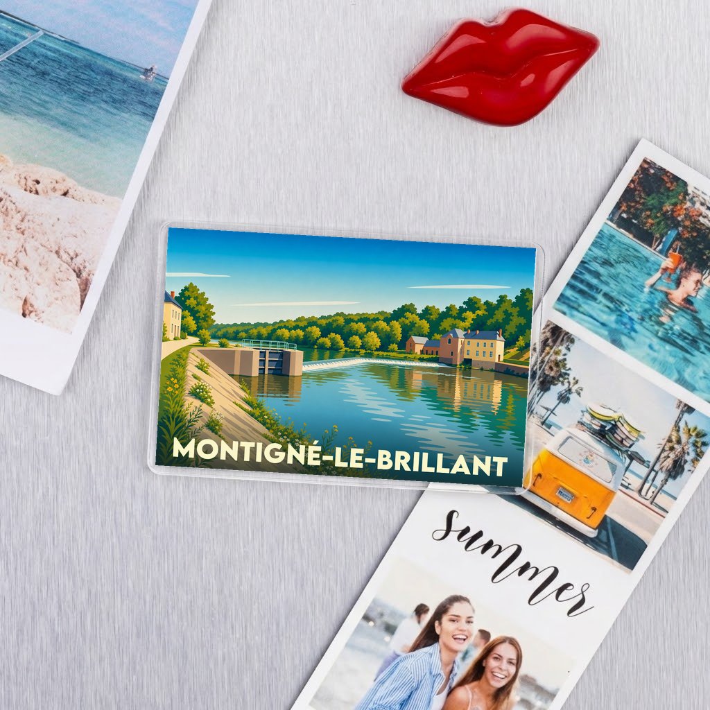 Magnet souvenir de la ville de Montigné-le-Brillant avec une illustration stylisée d'un paysage fluvial.