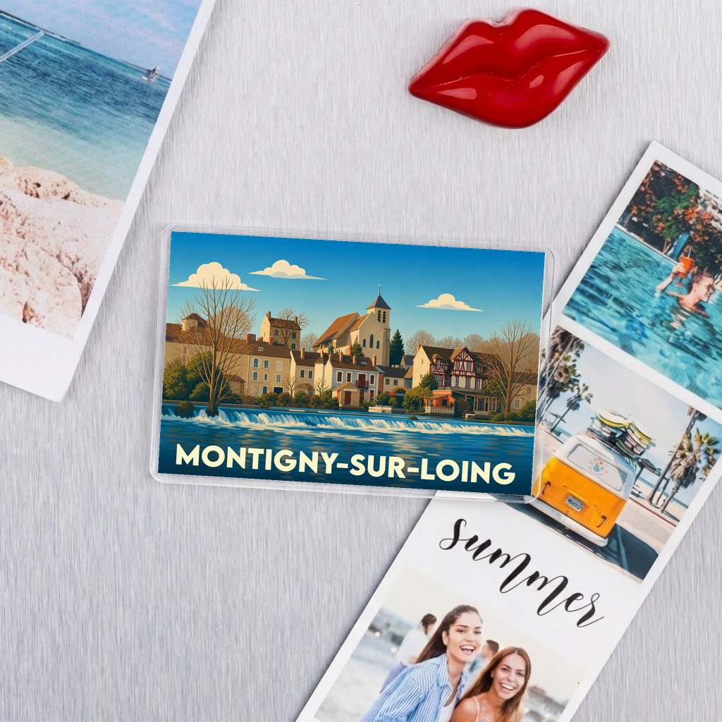 Magnet souvenir de la ville de Montigny-sur-Loing avec une illustration colorée et stylisée.