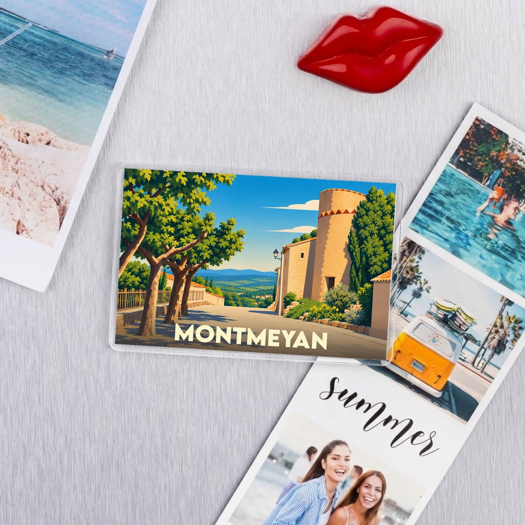 Magnet souvenir de la ville de Montmeyan avec une illustration stylisée.