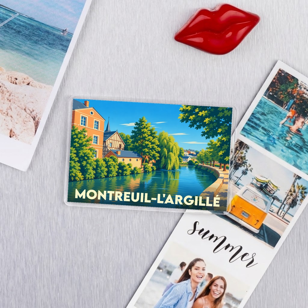 Magnet souvenir de la ville de Montreuil-l'Argillé avec une illustration stylisée et colorée.