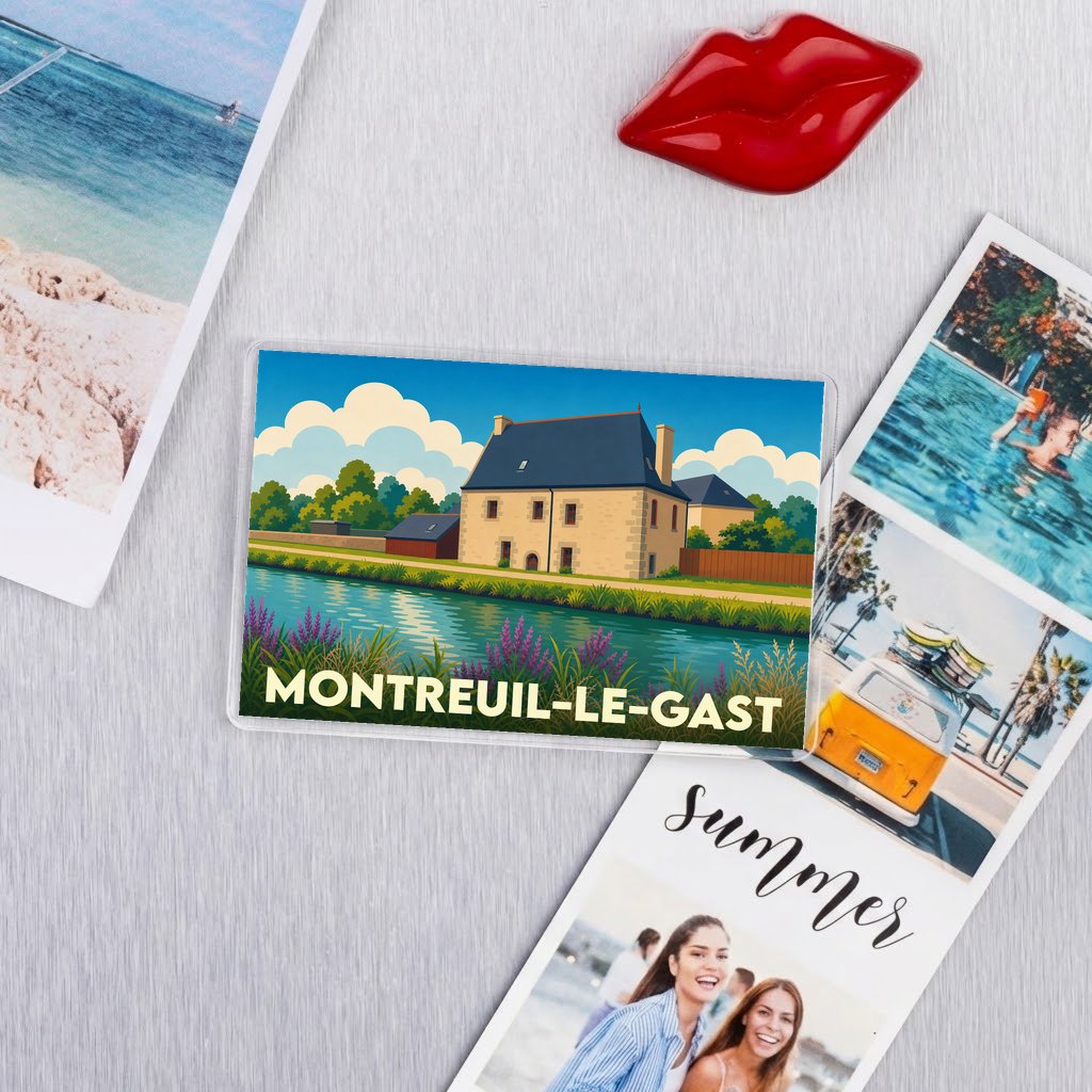 Magnet souvenir de la ville de Montreuil-le-Gast avec une illustration stylisée d'un manoir au bord de l'eau.