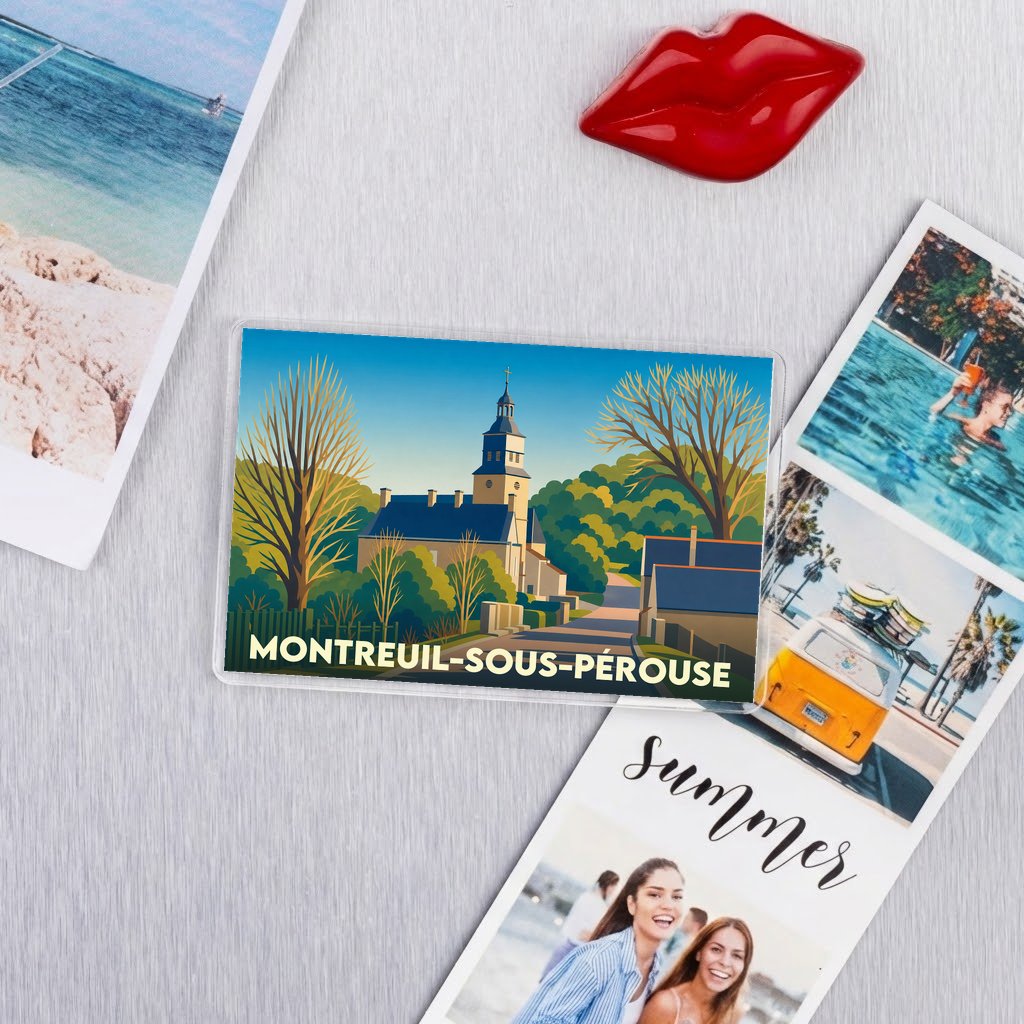 Magnet souvenir de la ville de Montreuil-sous-Pérouse avec une illustration stylisée d'une église.