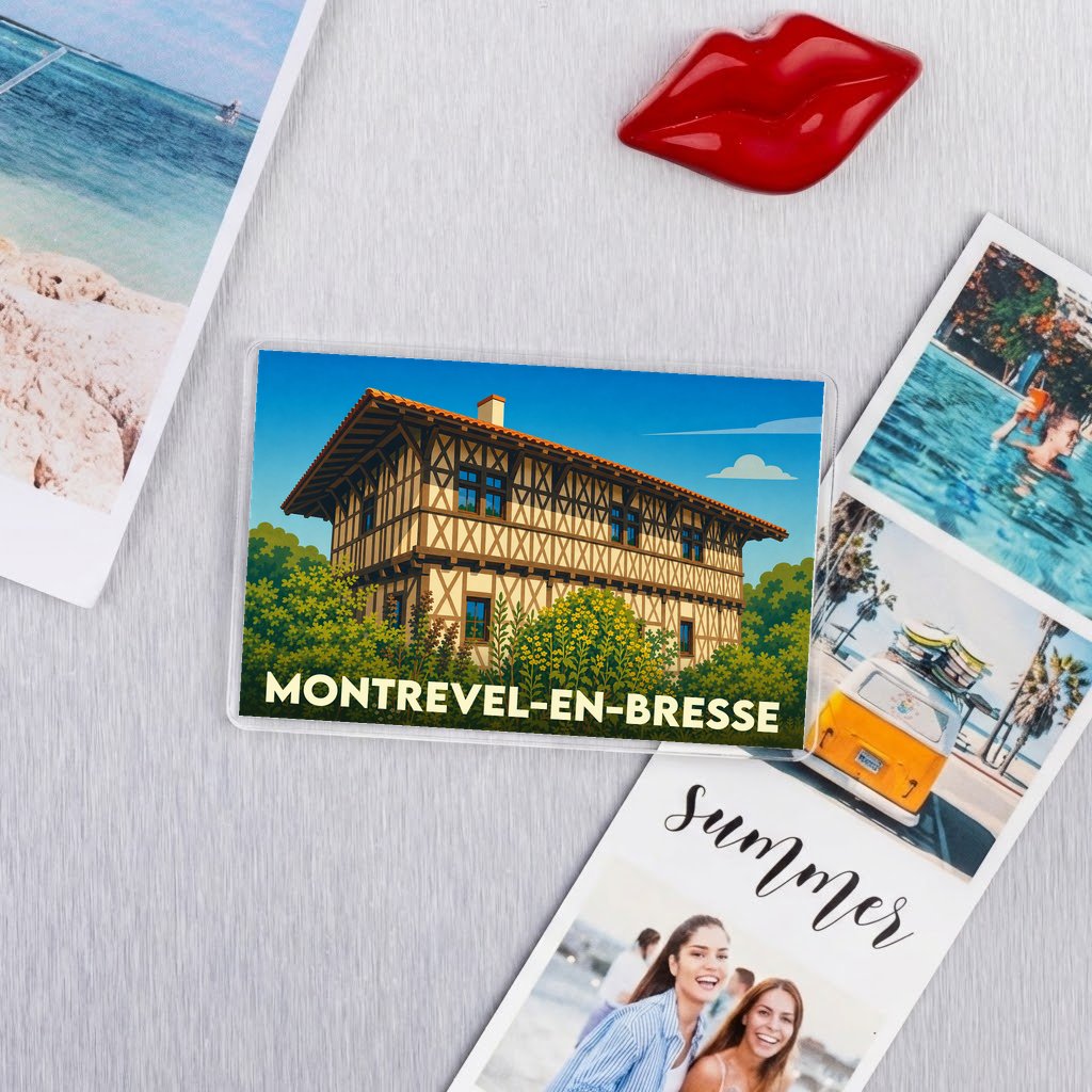 Magnet souvenir de la ville de Montrevel-en-Bresse avec l'illustration stylisée d'une maison à colombages.