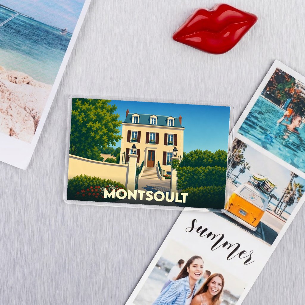 Magnet souvenir de la ville de Montsoult avec une illustration stylisée d'une demeure bourgeoise.