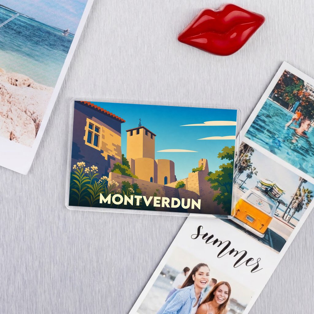 Magnet souvenir de la ville de Montverdun avec une illustration stylisée.