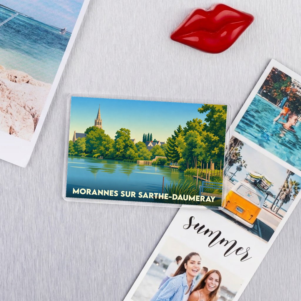 Magnet souvenir de la ville de Morannes sur Sarthe-Daumeray avec une illustration stylisée.
