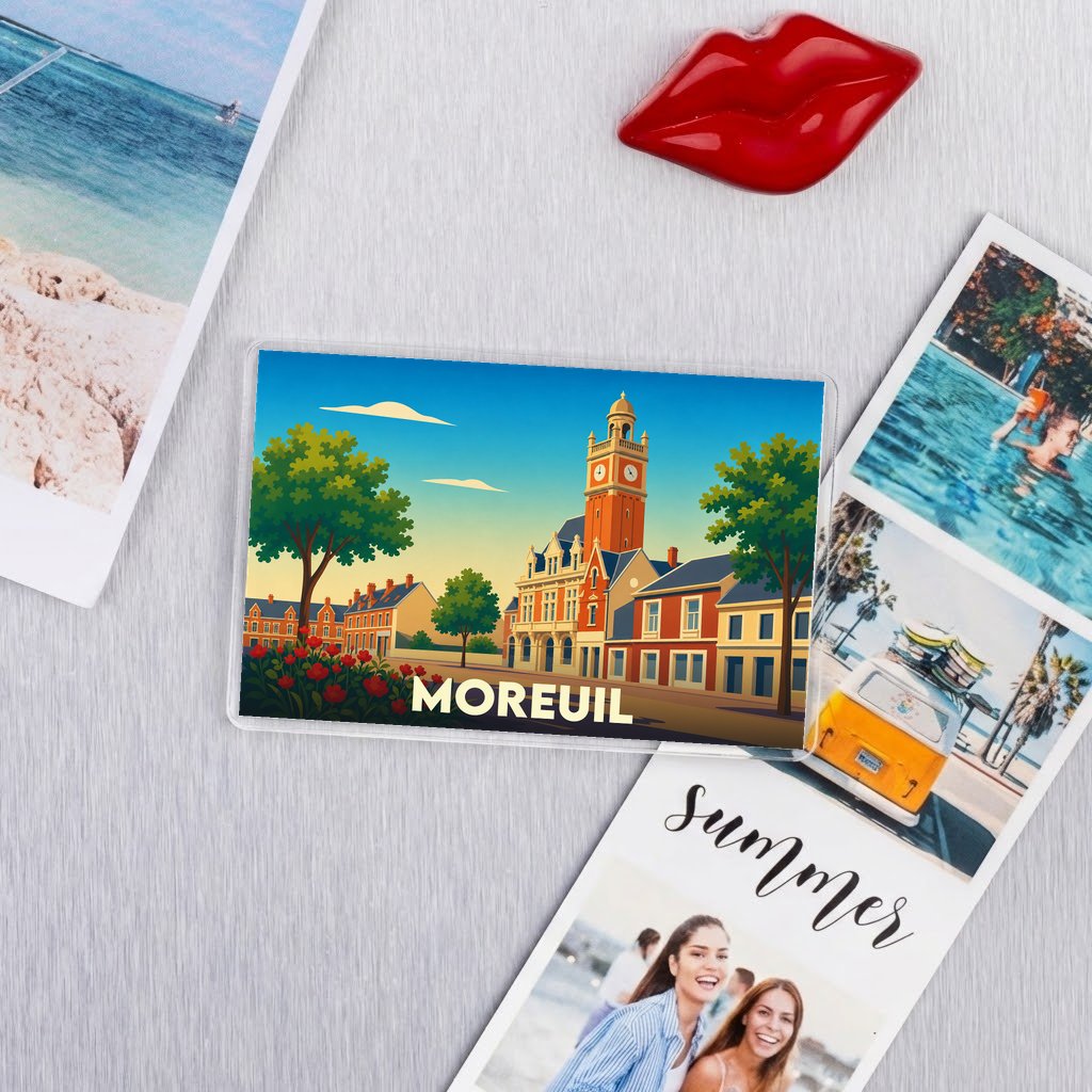 Magnet souvenir de la ville de Moreuil avec une illustration stylisée de son hôtel de ville.