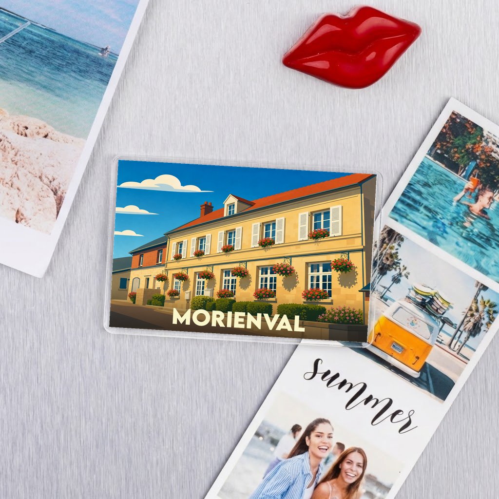 Magnet souvenir de la ville de Morienval avec une illustration colorée et stylisée.