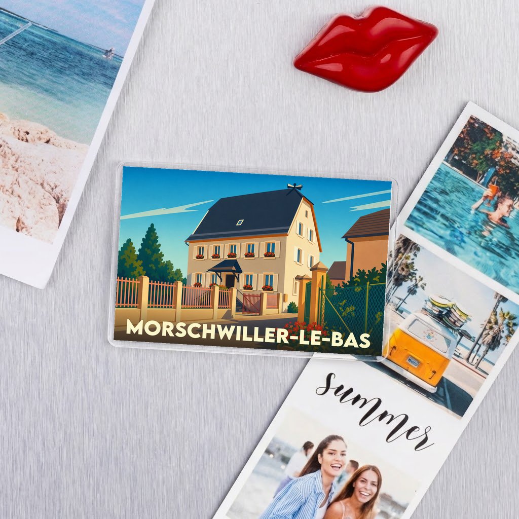 Magnet souvenir de la ville de Morschwiller-le-Bas avec une illustration stylisée.