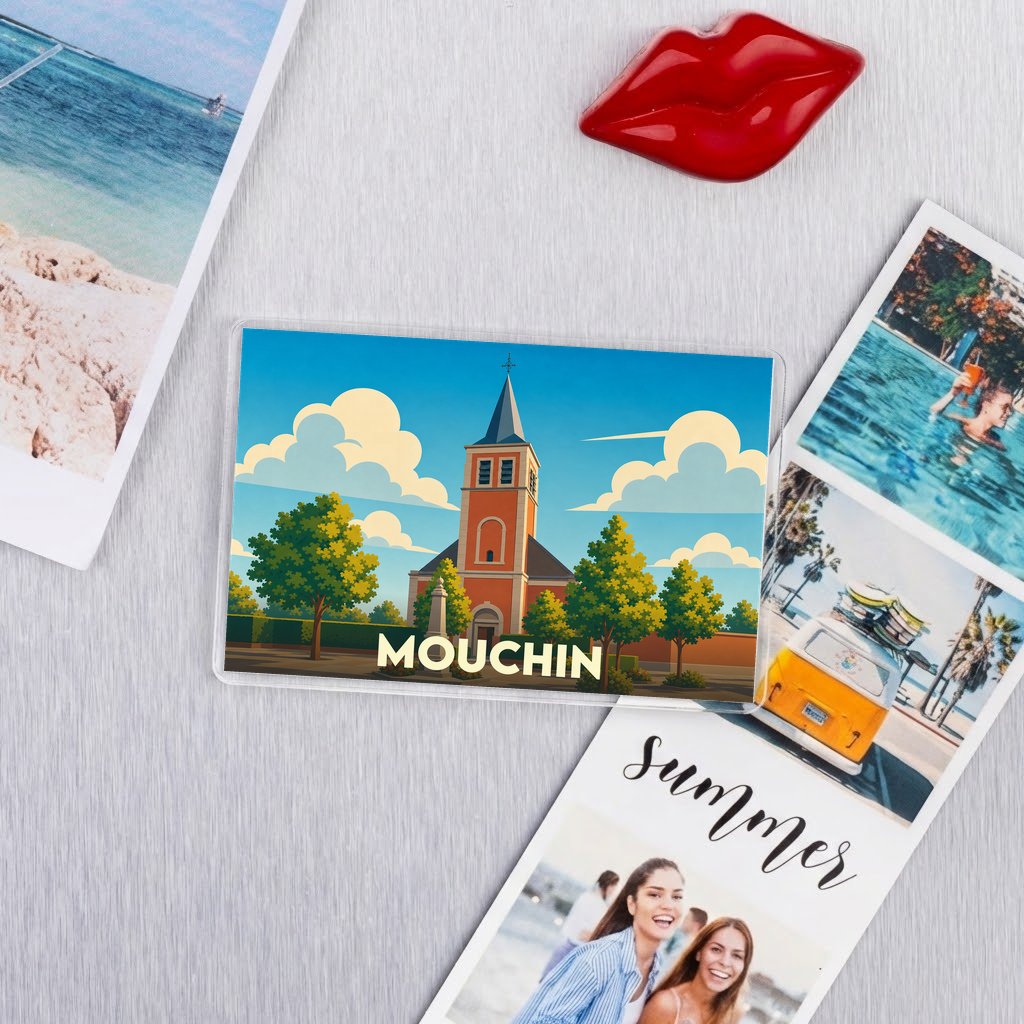 Magnet souvenir de la ville de Mouchin avec une illustration stylisée de son église.