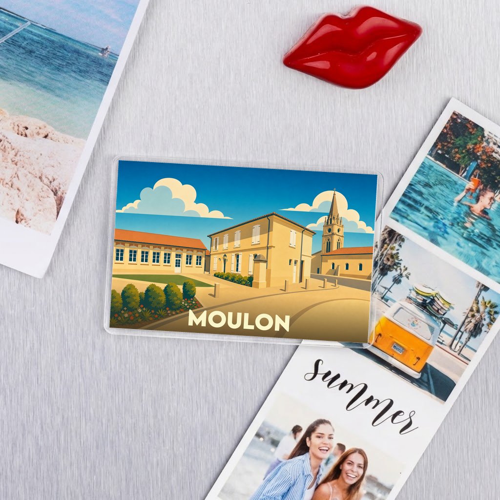 Magnet souvenir de la ville de Moulon avec une illustration stylisée de son architecture.