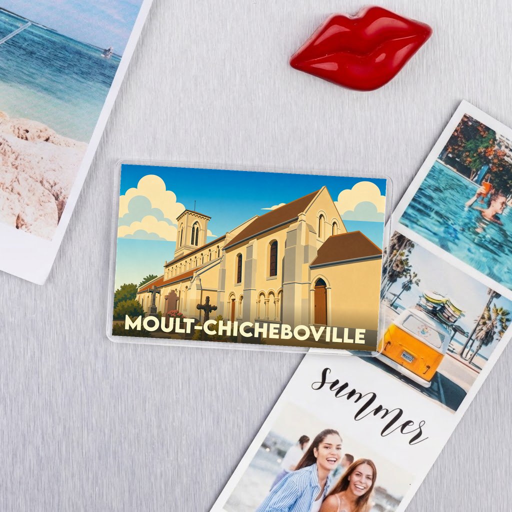 Magnet souvenir de la ville de Moult-Chicheboville avec une illustration stylisée de son église.