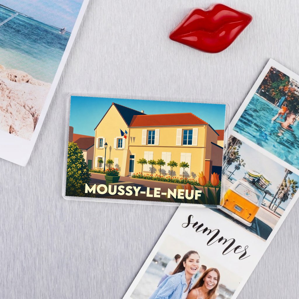 Magnet souvenir de la ville de Moussy-le-Neuf avec une illustration colorée et stylisée de la mairie.