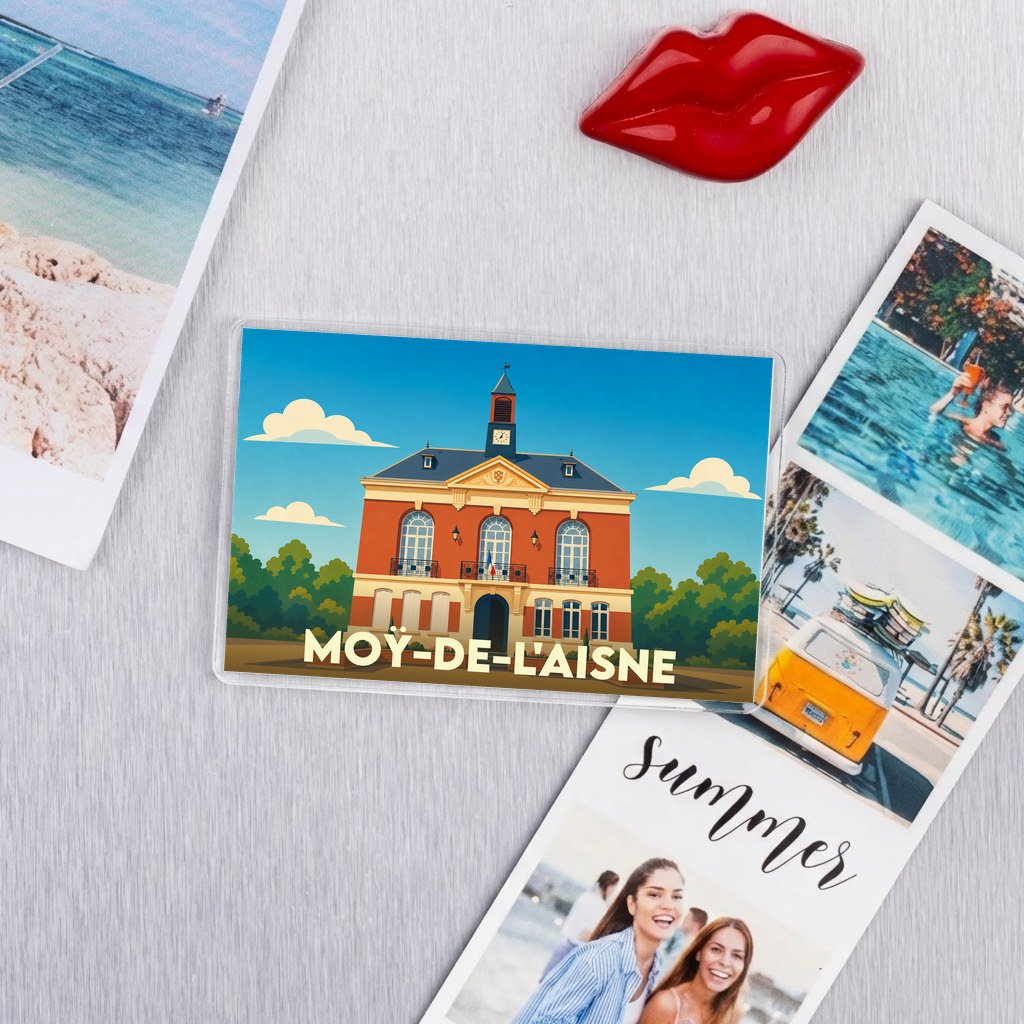 Magnet souvenir de la ville de Moÿ-de-l'Aisne avec une illustration stylisée de son hôtel de ville.