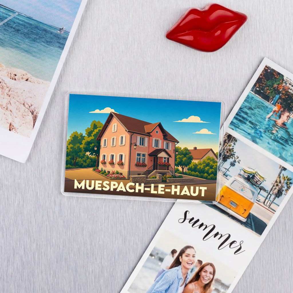 Magnet souvenir de la ville de Muespach-le-Haut avec une illustration stylisée d'une maison alsacienne.