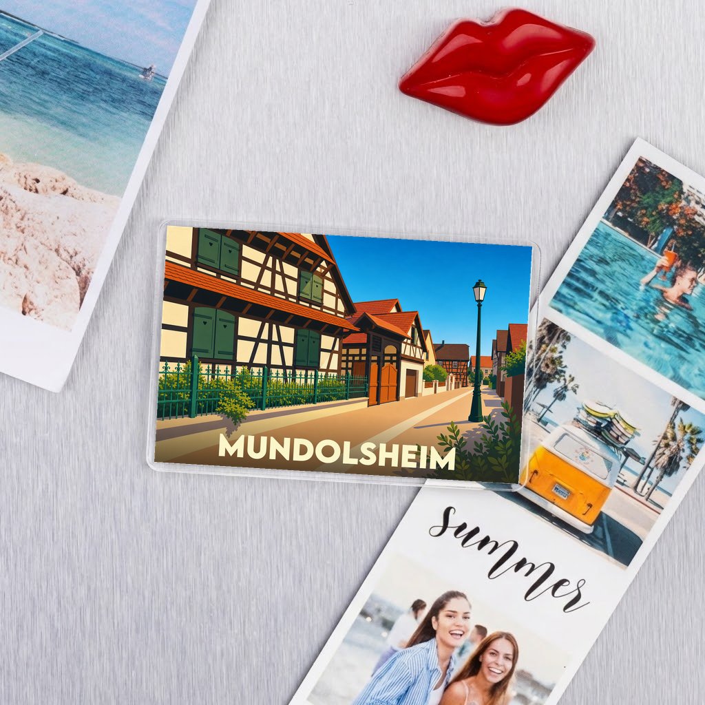 Magnet souvenir de la ville de Mundolsheim avec une illustration stylisée.