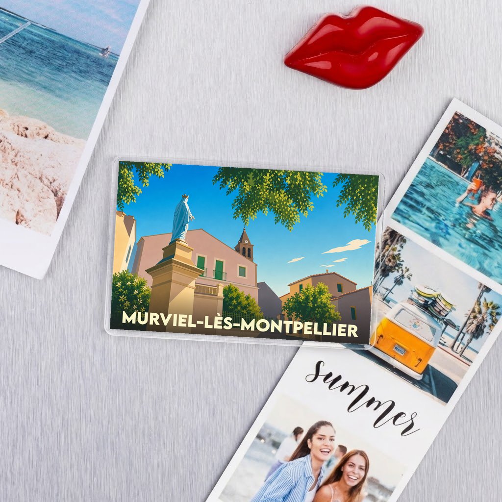 Magnet souvenir de la ville de Murviel-lès-Montpellier avec une illustration stylisée d'une statue et d'un clocher.