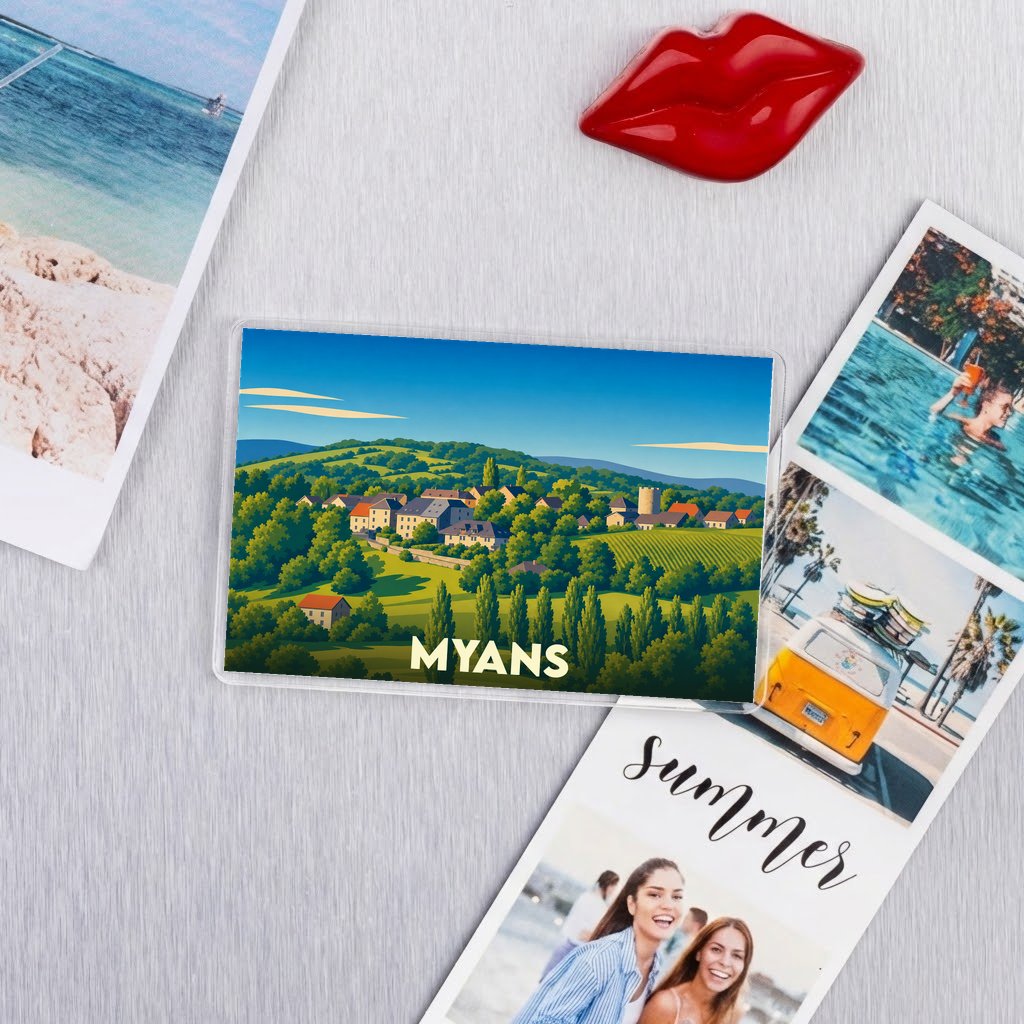 Magnet souvenir de la ville de Myans avec une illustration colorée et stylisée d'un paysage rural.