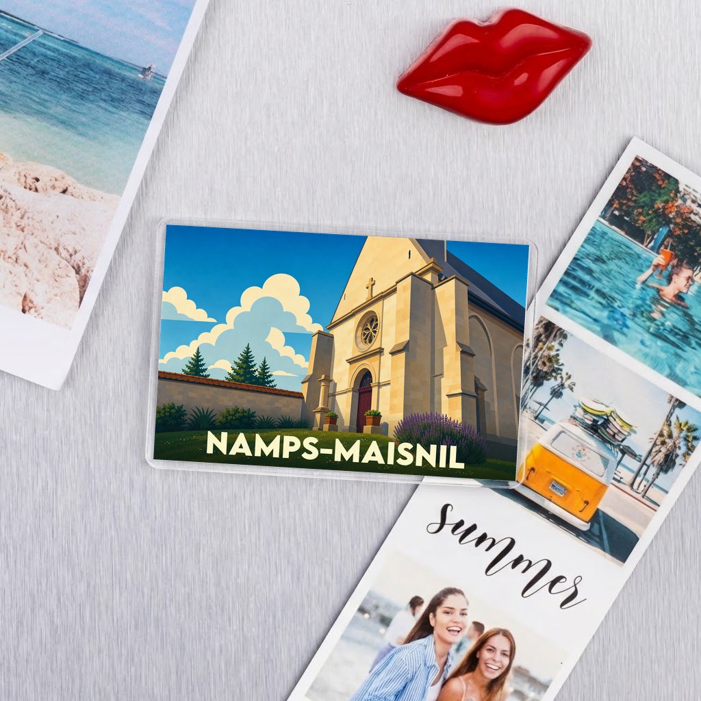 Magnet souvenir de la commune de Namps-Maisnil avec une illustration stylisée de son église.