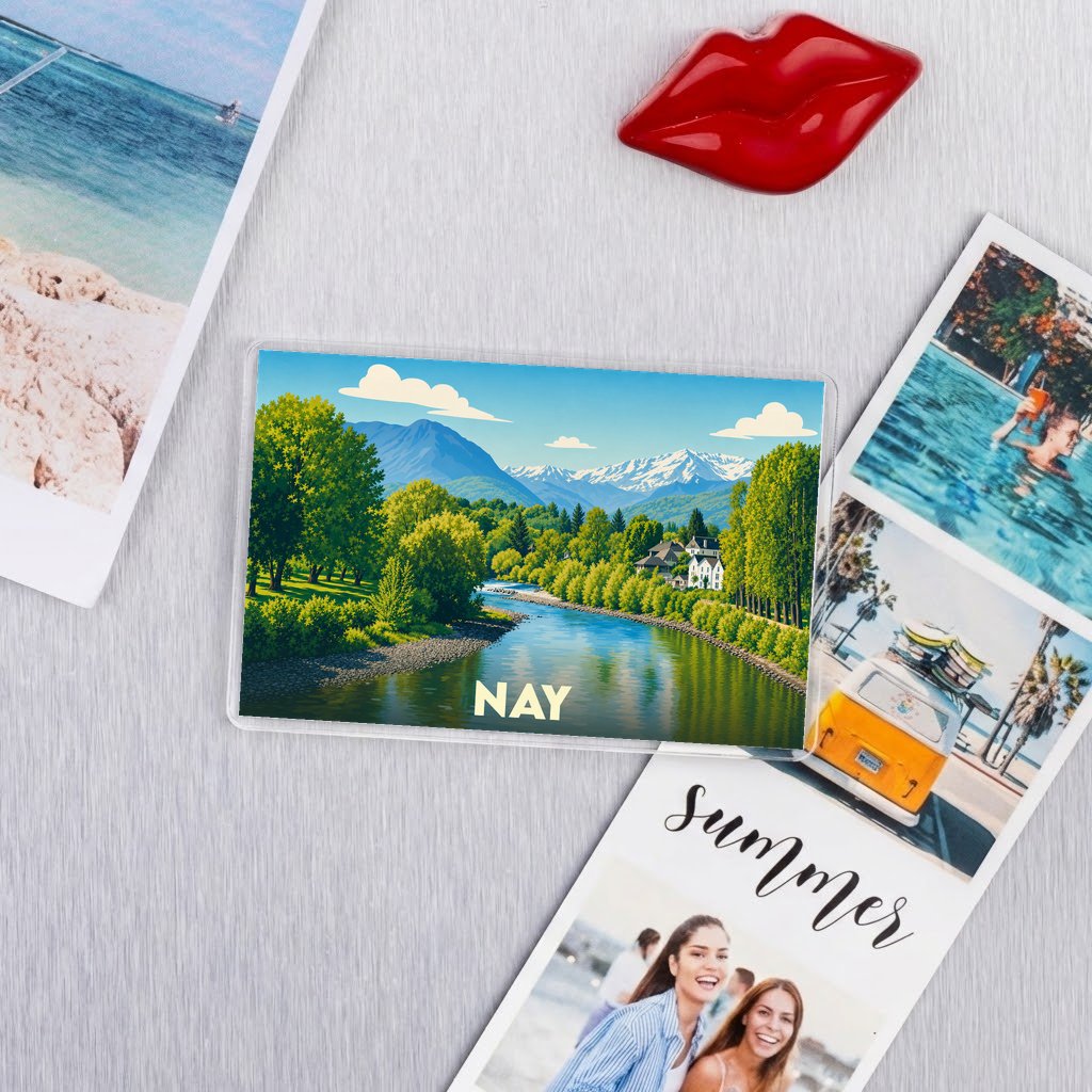 Magnet souvenir de la ville de Nay avec une illustration stylisée de ses paysages de montagne et de rivière.