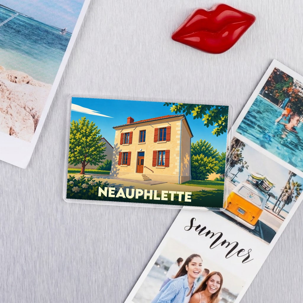 Magnet souvenir de la ville de Neauphlette avec une illustration stylisée d'une maison traditionnelle.