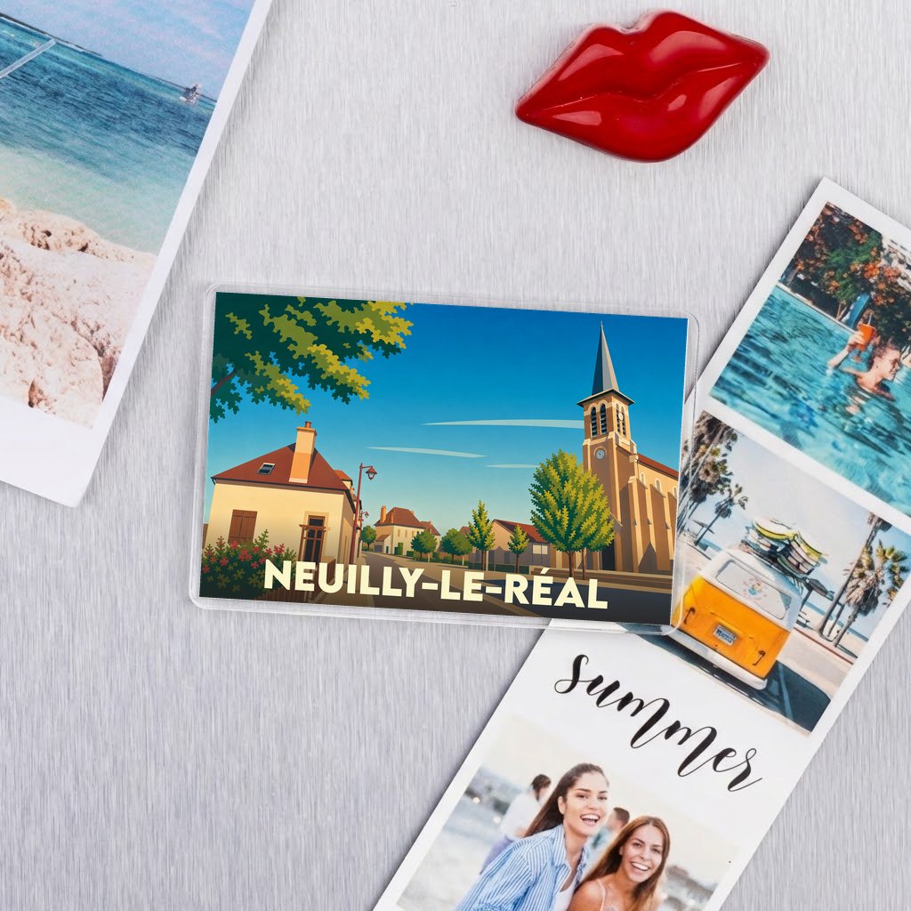 Magnet souvenir de la ville de Neuilly-le-Réal avec une illustration stylisée.
