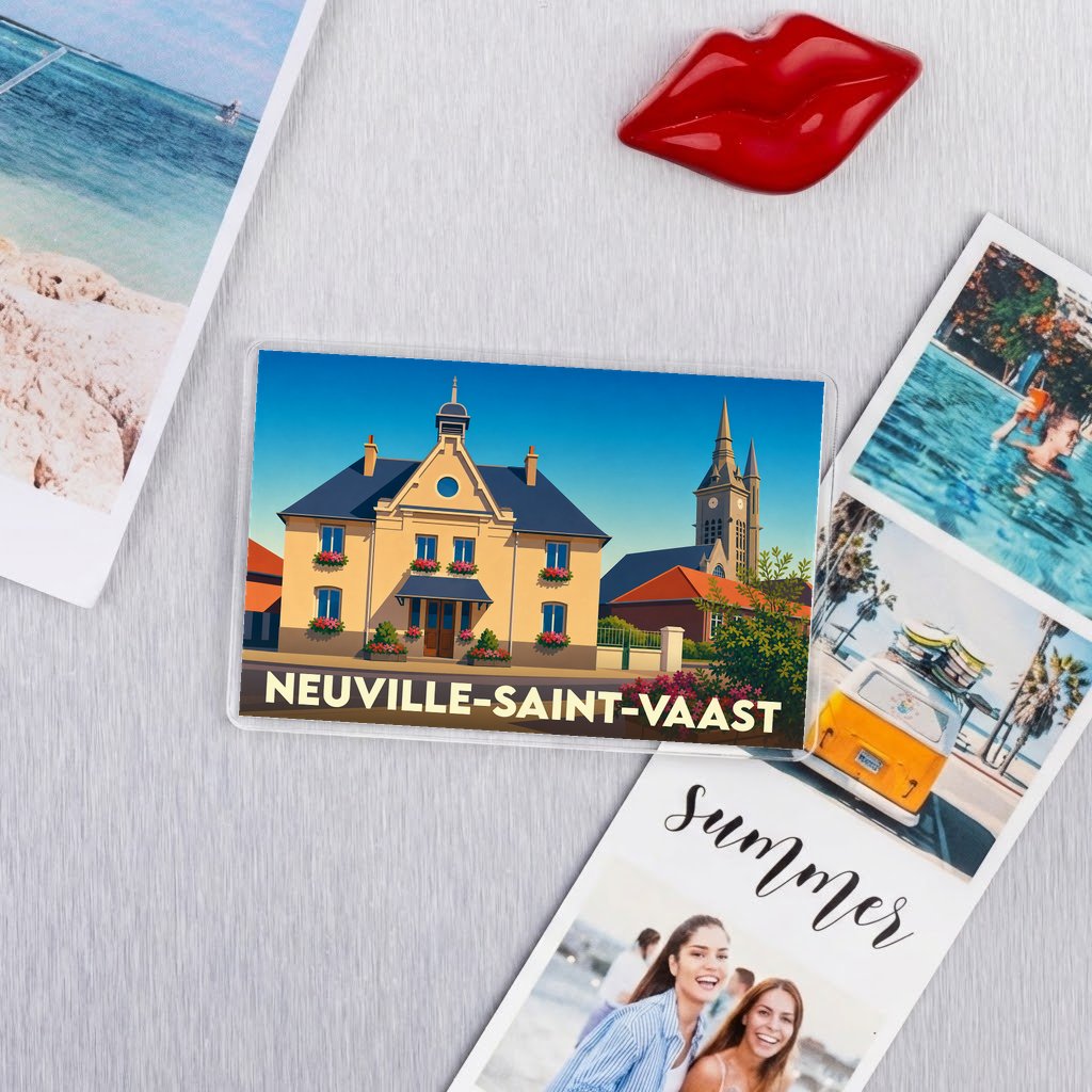 Magnet souvenir de la ville de Neuville-Saint-Vaast avec une illustration stylisée de son architecture.