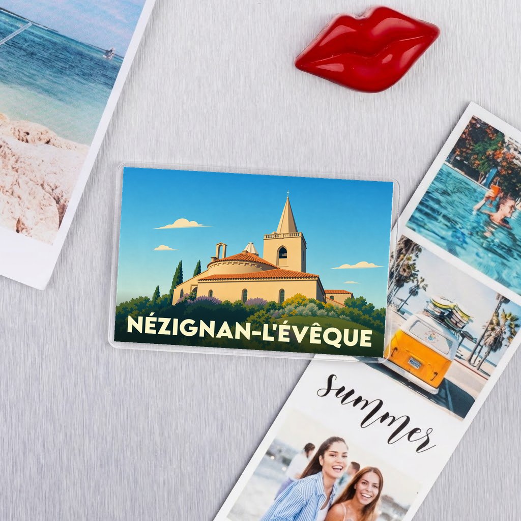 Magnet souvenir de la ville de Nézignan-l'Évêque avec une illustration stylisée.