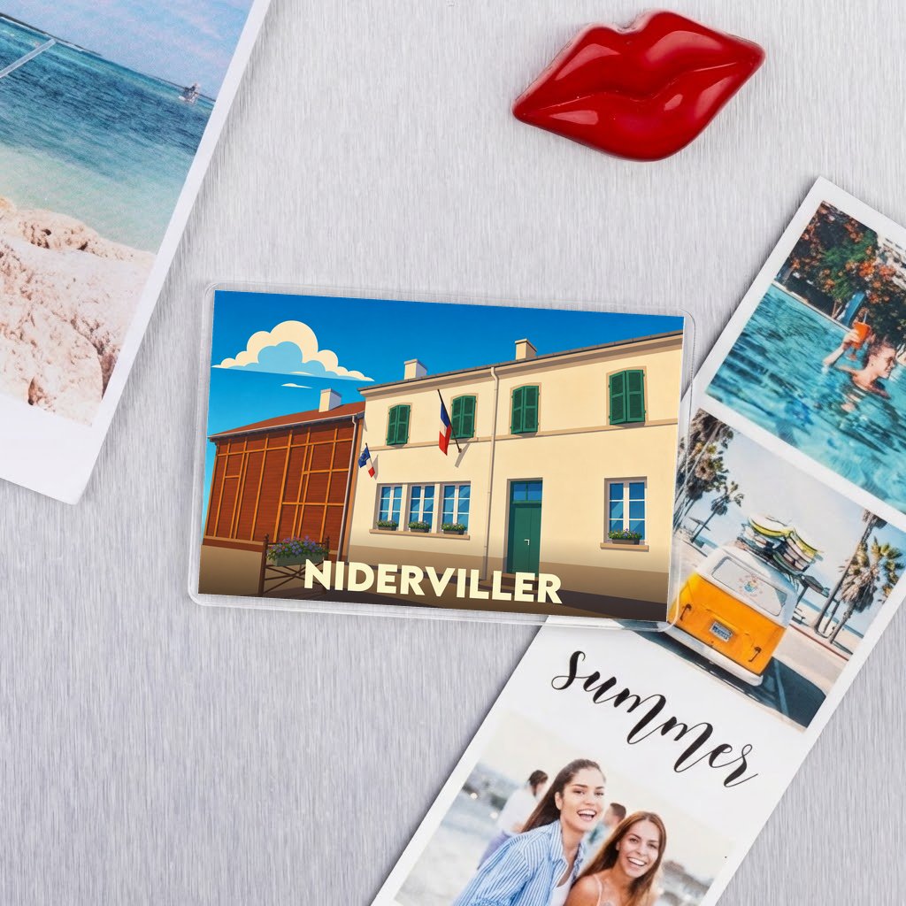 Magnet souvenir de la ville de Niderviller avec une illustration stylisée d'un bâtiment typique.