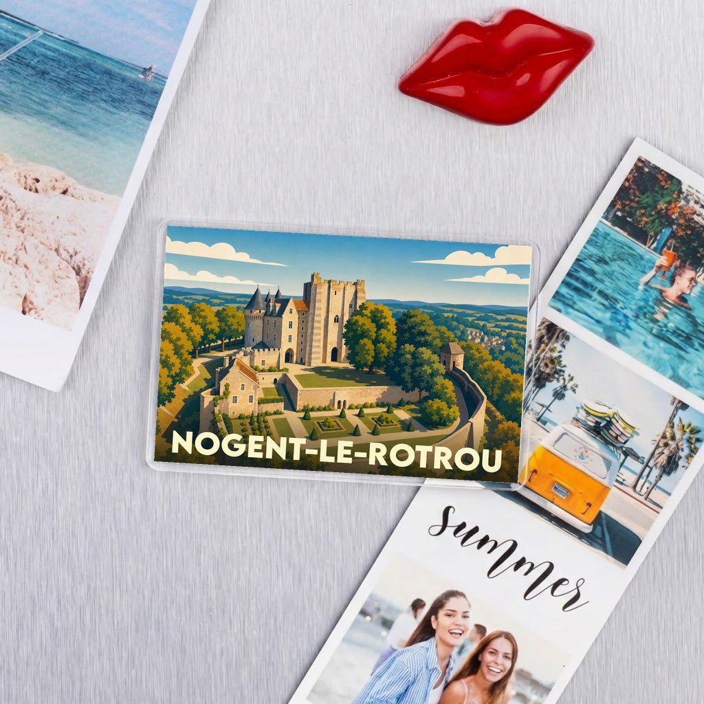 Magnet souvenir de la ville de Nogent-le-Rotrou avec une illustration stylisée de son château médiéval.