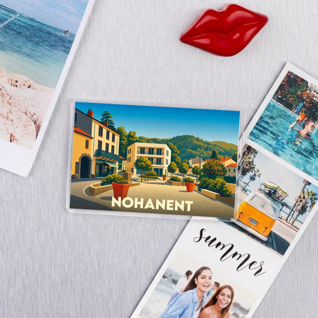 Magnet souvenir de la ville de Nohanent avec une illustration colorée et stylisée.