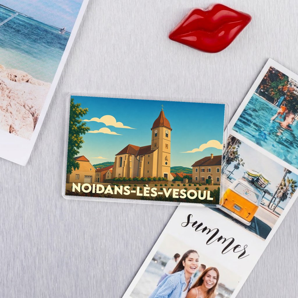 Magnet rectangulaire souvenir de Noidans-lès-Vesoul avec une illustration stylisée de son église et de ses maisons.