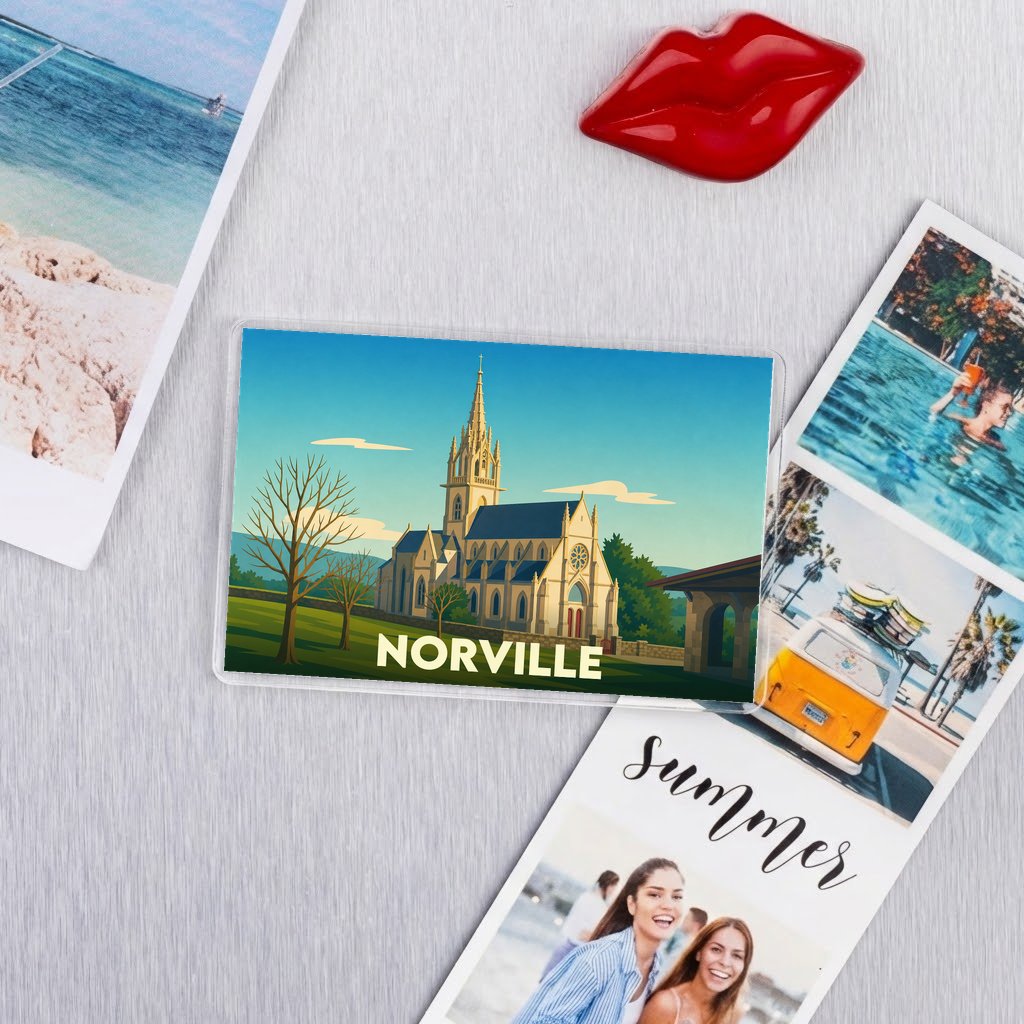 Magnet souvenir de la ville de Norville avec une illustration stylisée de son église.