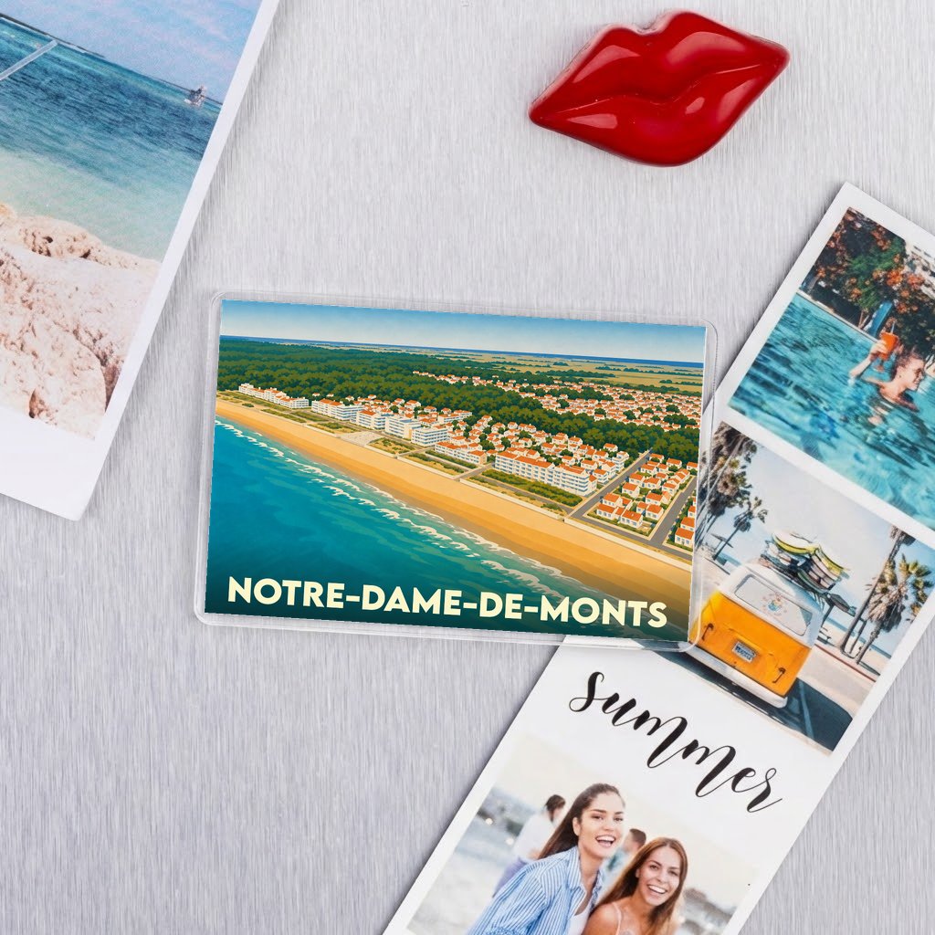 Magnet souvenir de la ville de Notre-Dame-de-Monts avec une illustration stylisée du front de mer.