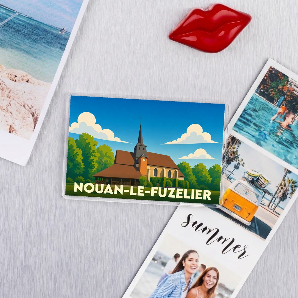 Magnet souvenir de la ville de Nouan-le-Fuzelier avec une illustration stylisée de son église.