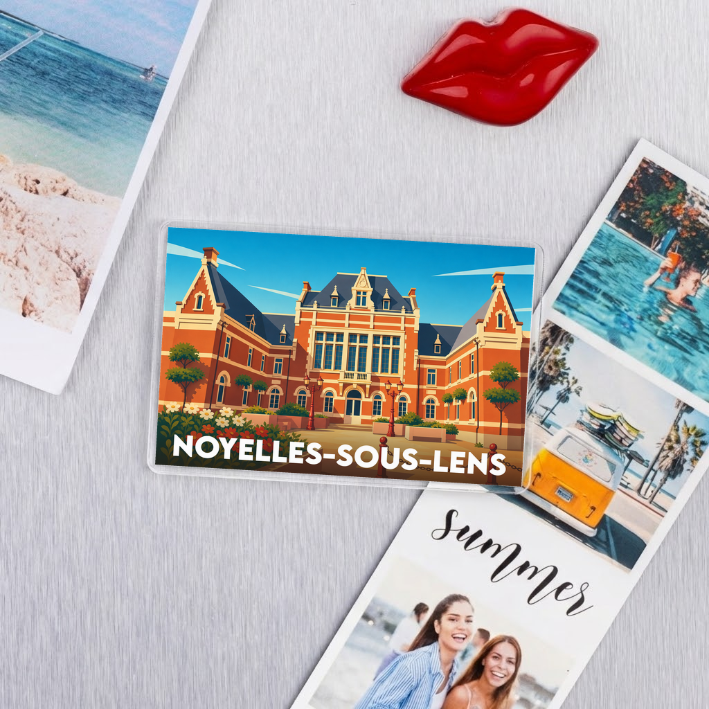 Magnet souvenir de la ville de Noyelles-sous-Lens avec une illustration stylisée de son hôtel de ville.
